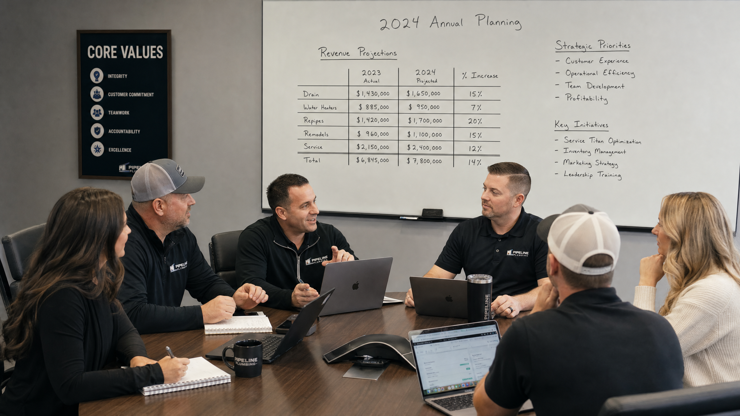 Plumbing company leadership team in annual planning session