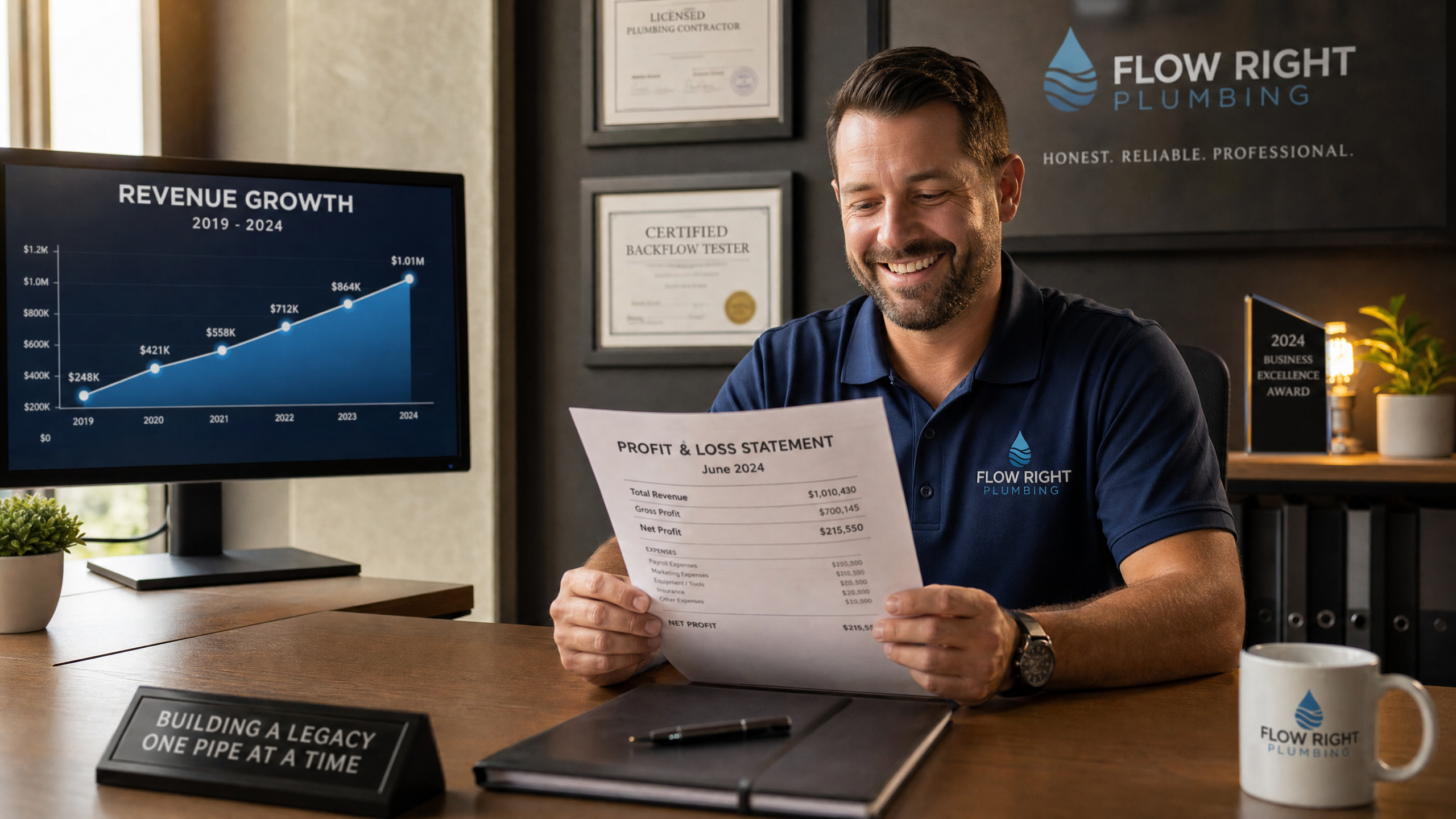 Successful plumbing business owner reviewing profit and loss statement with a big smile showing revenue growth on monitor