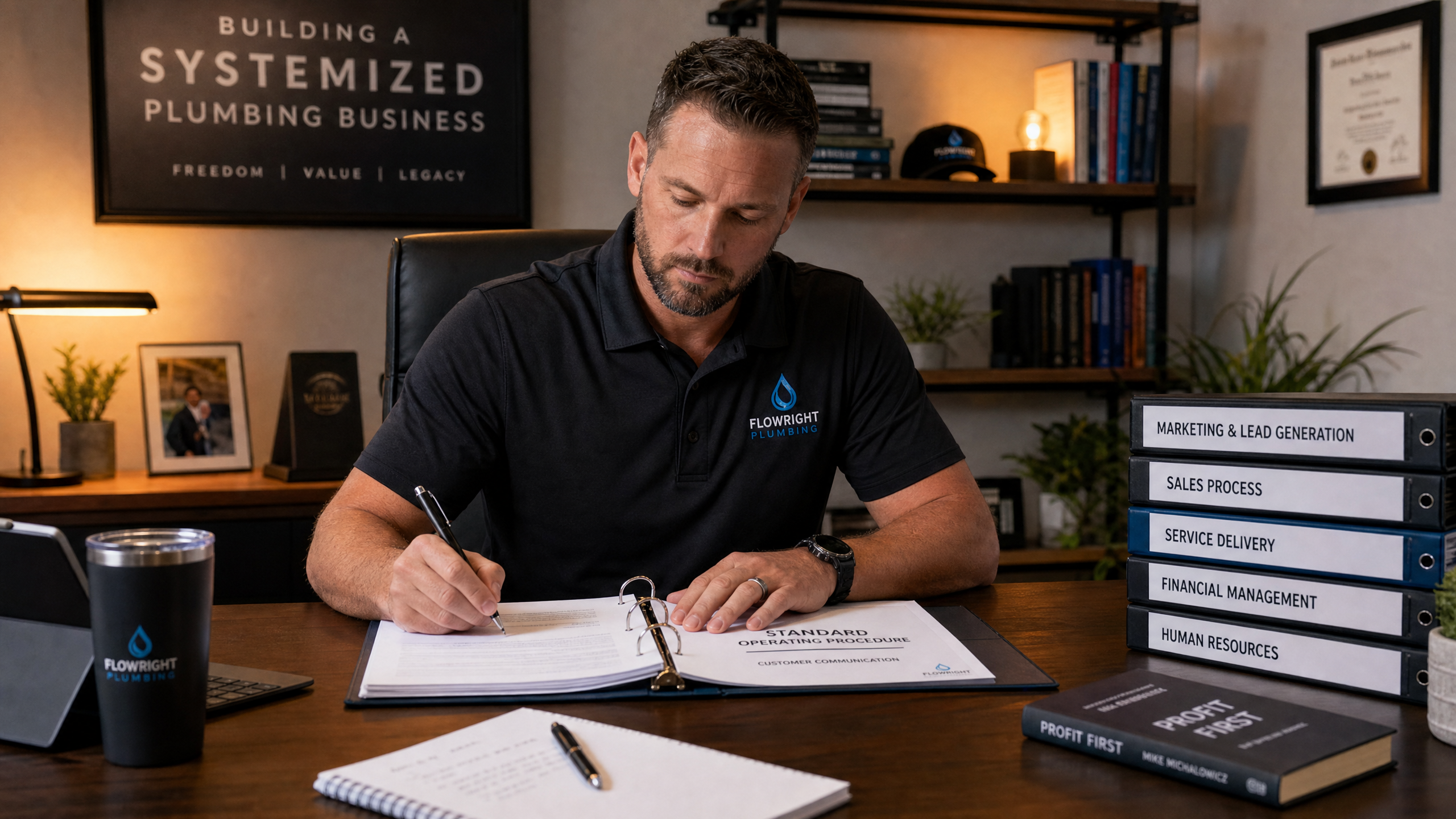 Plumbing business owner writing standard operating procedures in organized binders — building a systemized sellable business