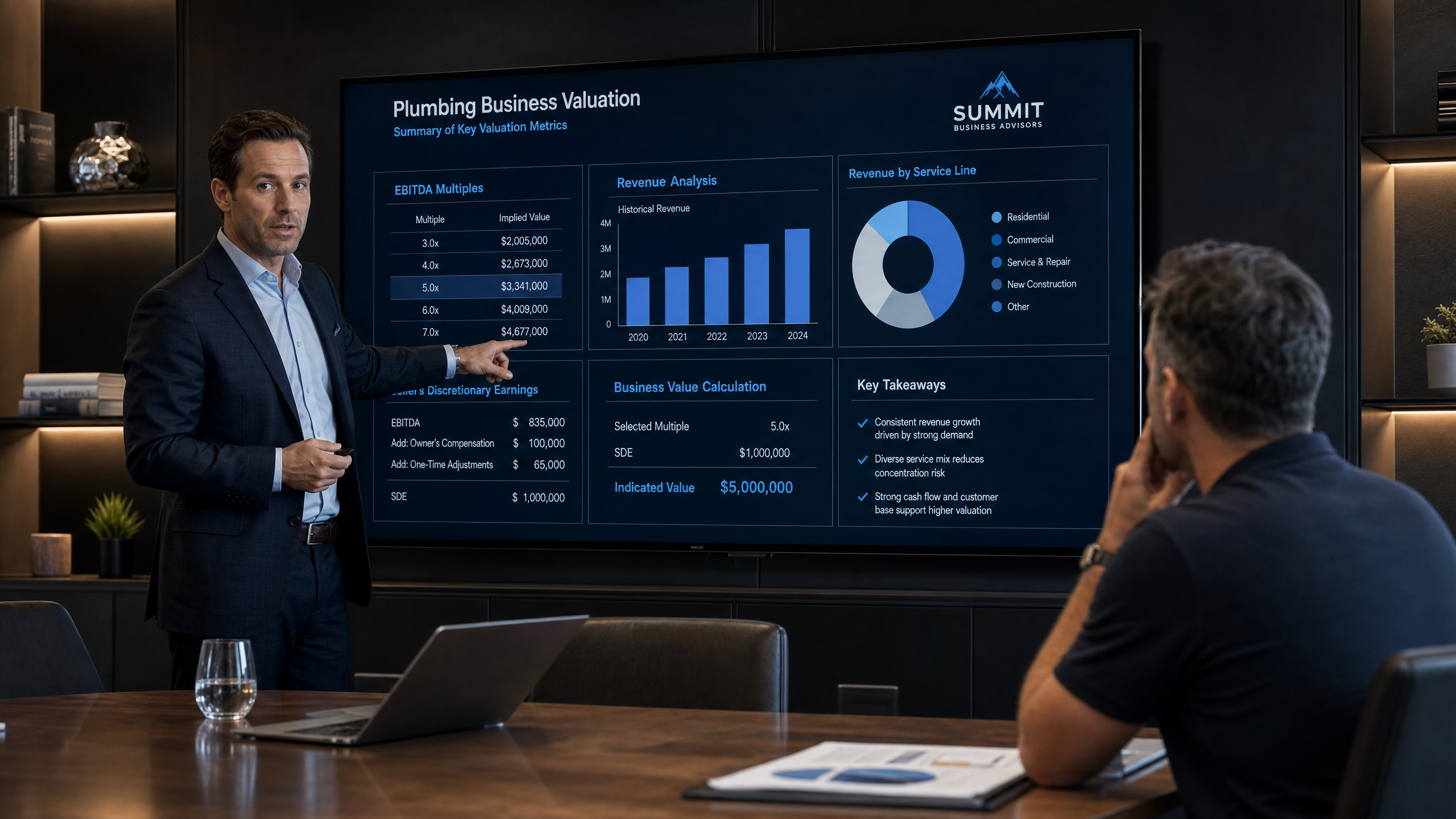 Financial advisor presenting a plumbing business valuation report with EBITDA multiples and revenue charts on a monitor