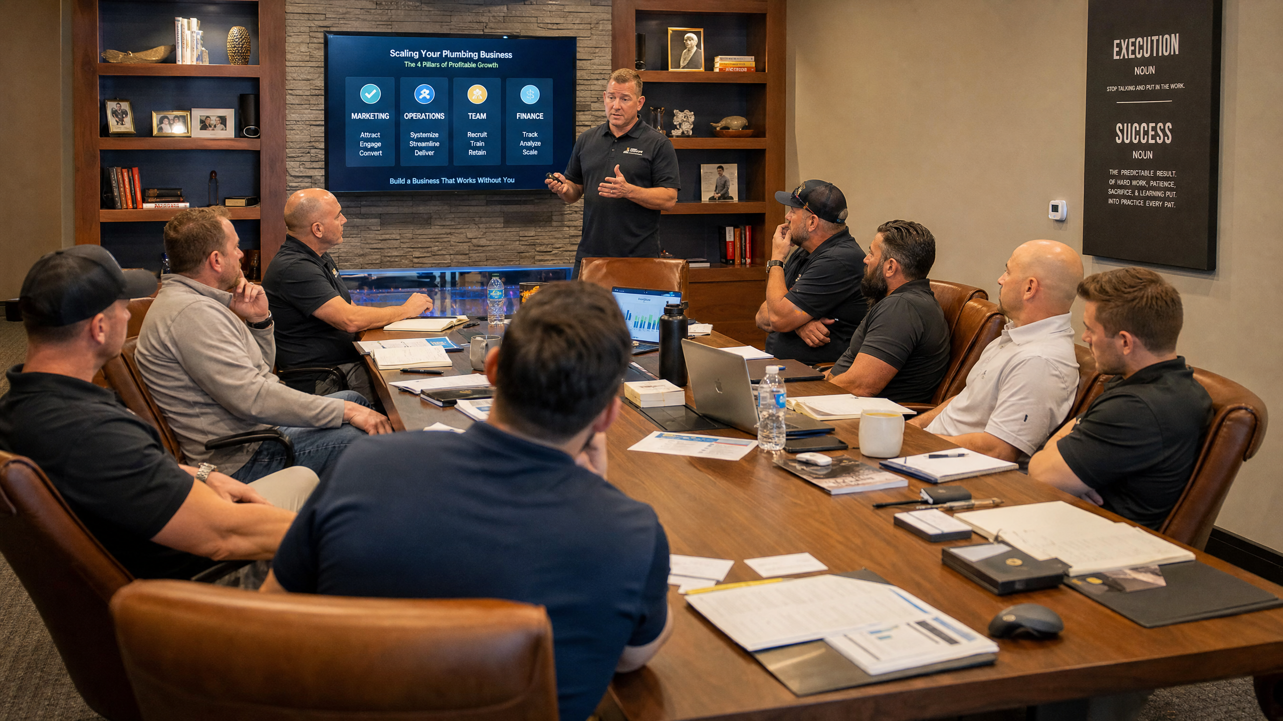 Group of plumbing business owners in a mastermind session around a conference table with a coach presenting growth strategy