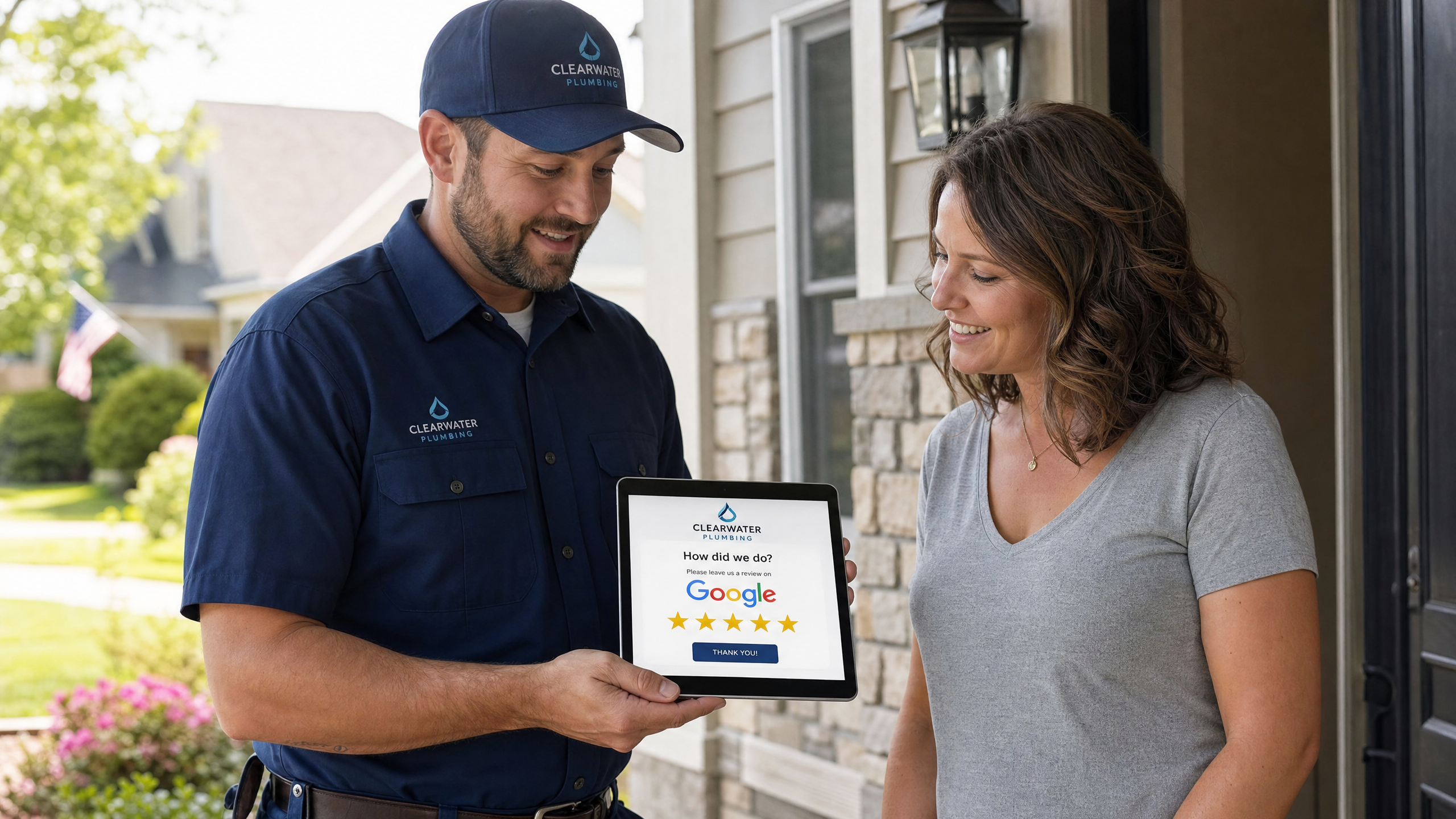 Plumbing company Google Business Profile showing 4.9 star rating with 312 reviews and positive customer testimonials