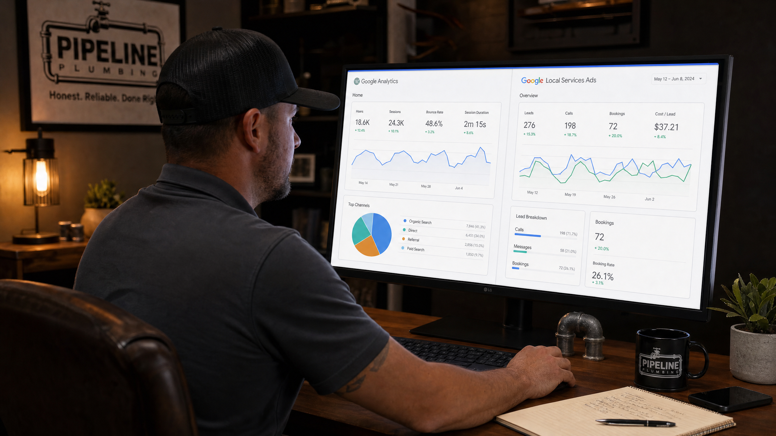 SEO analytics dashboard showing plumbing company organic search rankings and traffic growth over 12 months