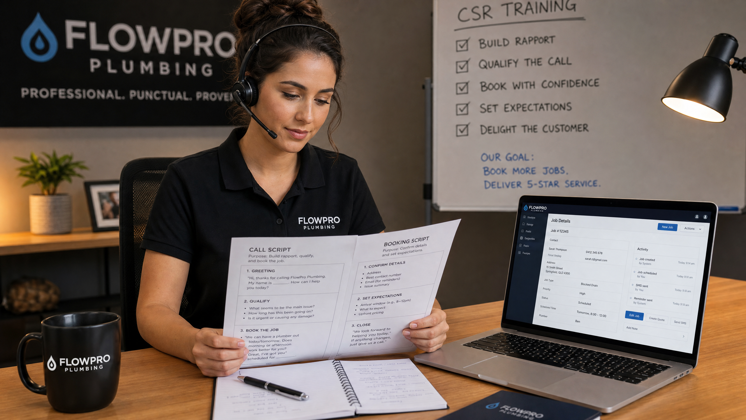 Plumbing company CSR reviewing a printed call script and booking script at a desk with a headset and CRM open