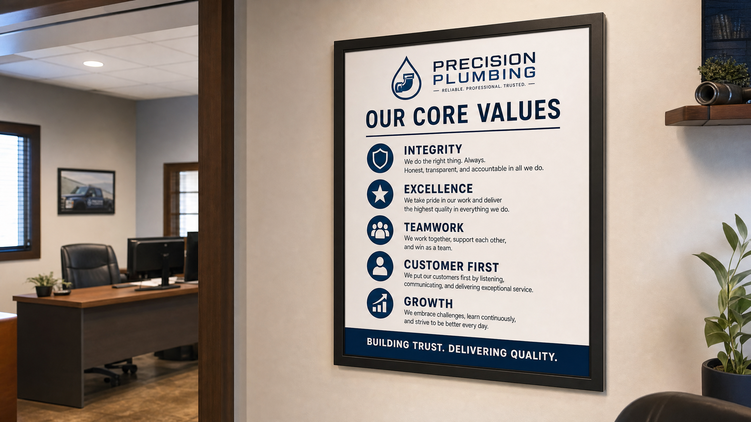 Plumbing company core values board in the office