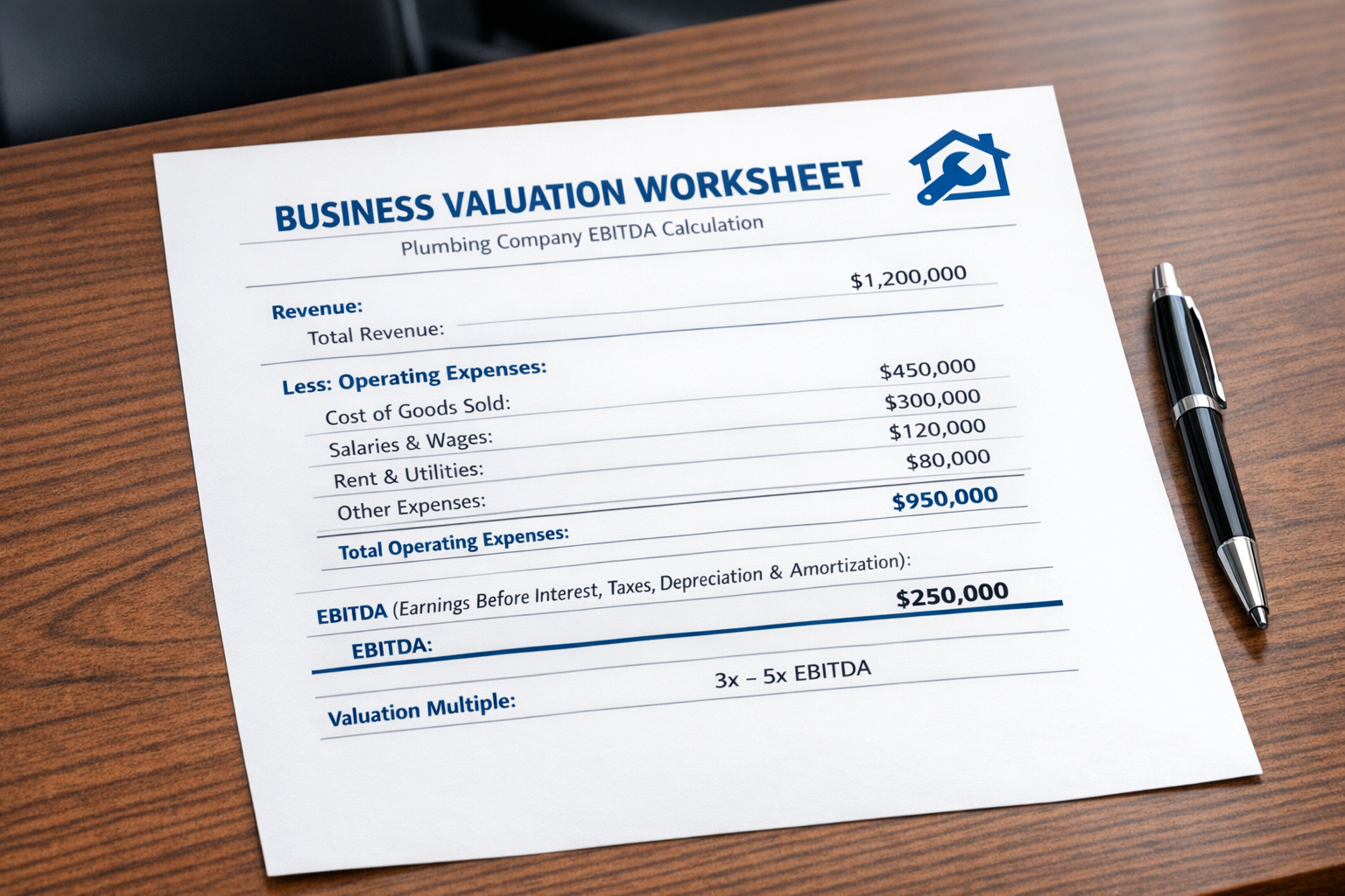 EBITDA calculation worksheet for plumbing business valuation