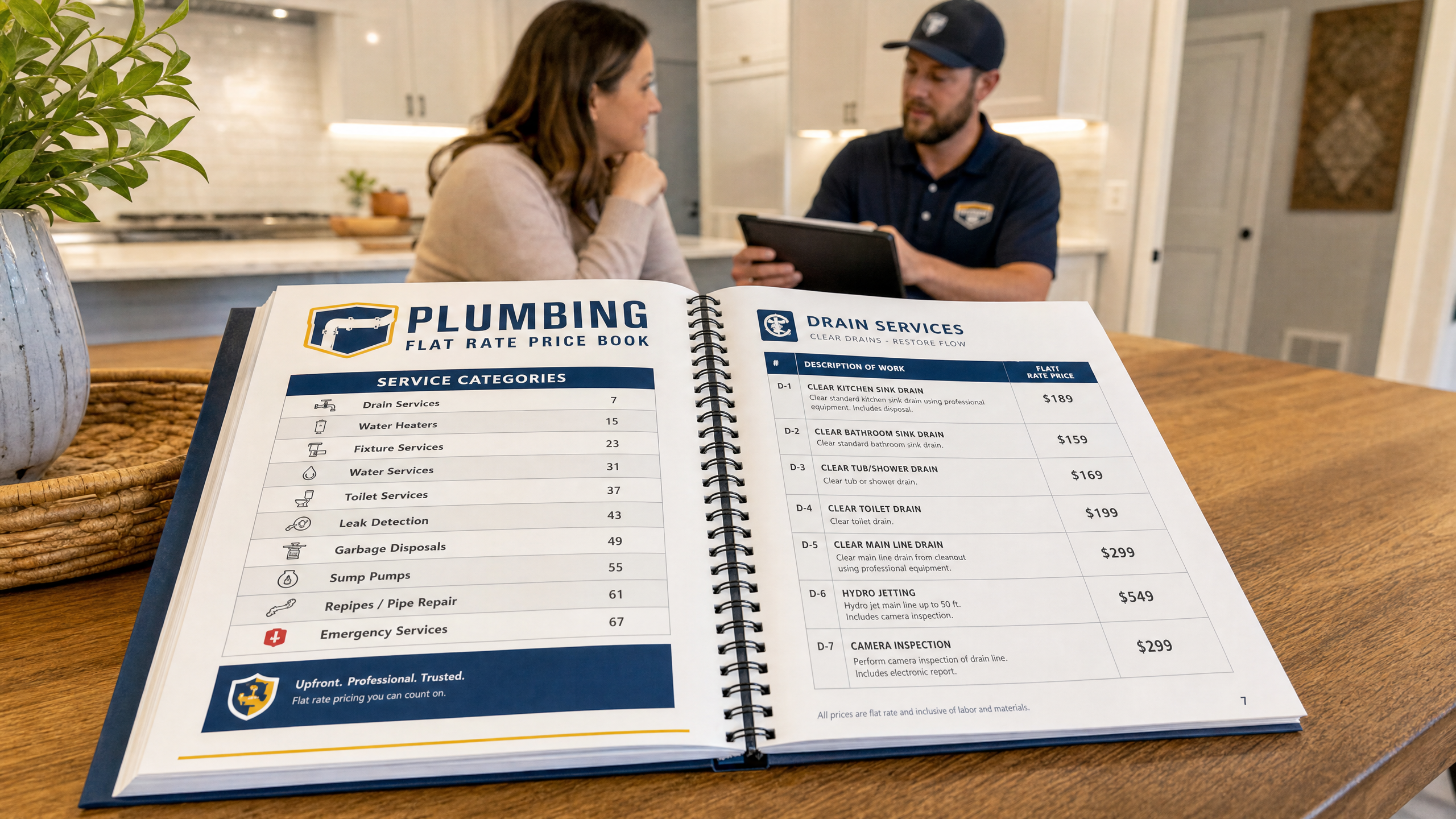 Plumbing flat rate price book open showing drain services and prices
