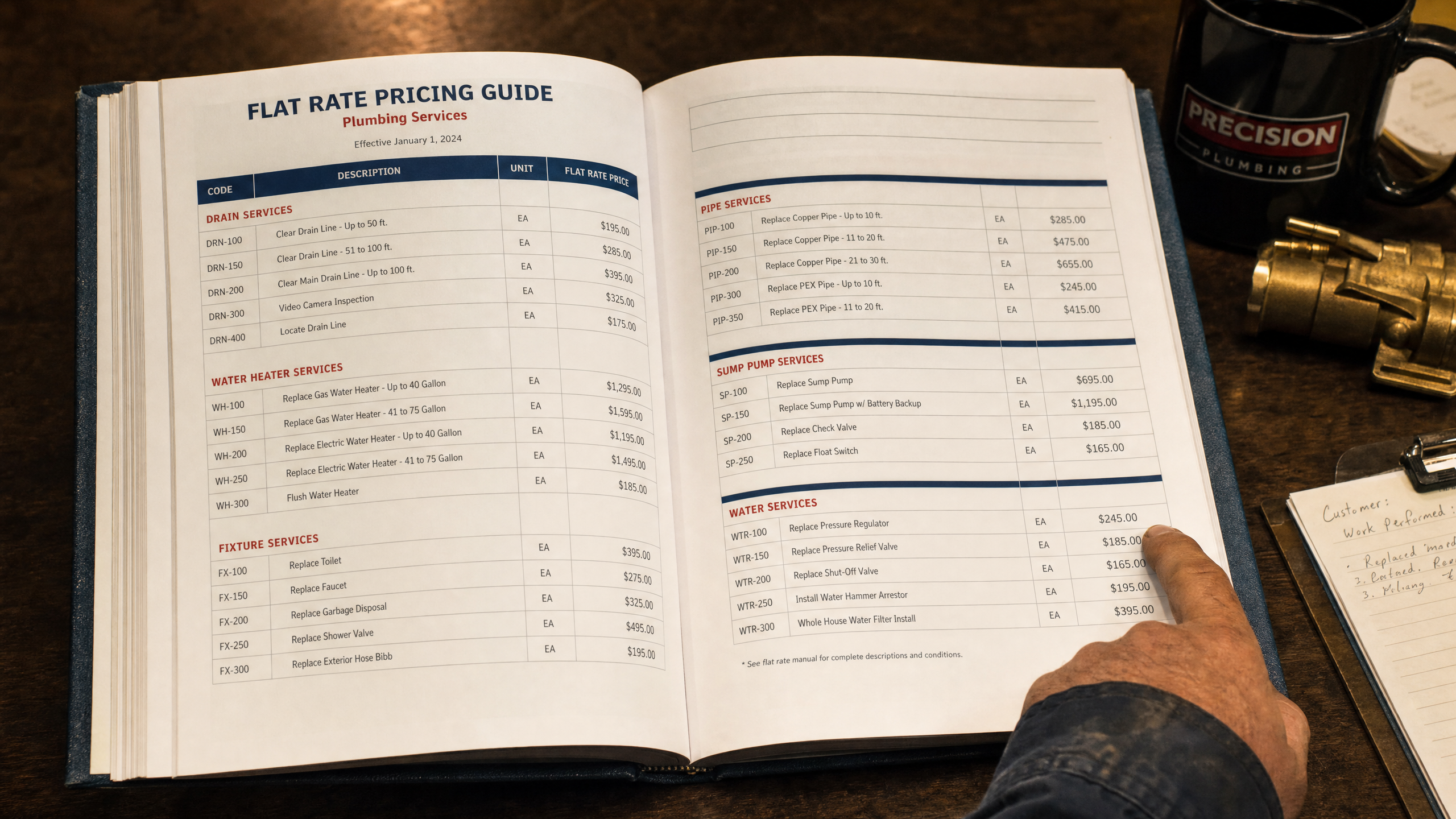Open flat rate pricing book showing plumbing service prices organized by category on a technician's clipboard