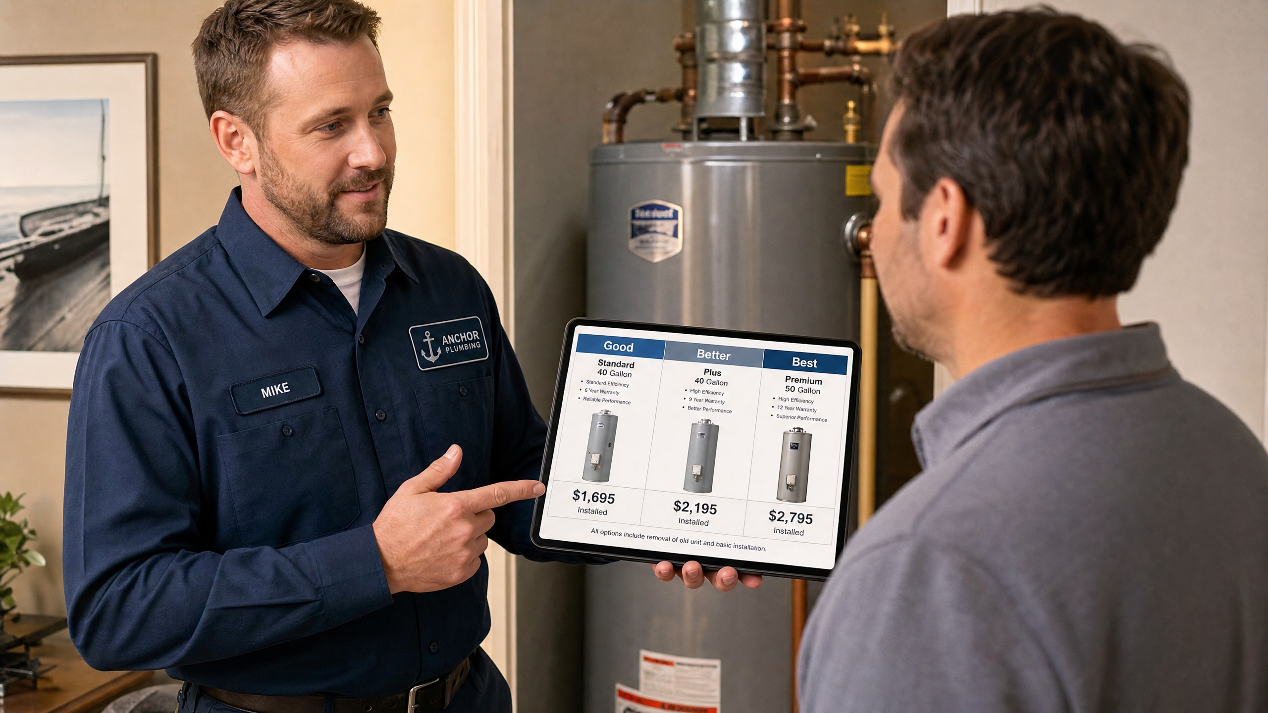 Plumbing technician presenting a Good-Better-Best pricing options tablet to a homeowner in a kitchen