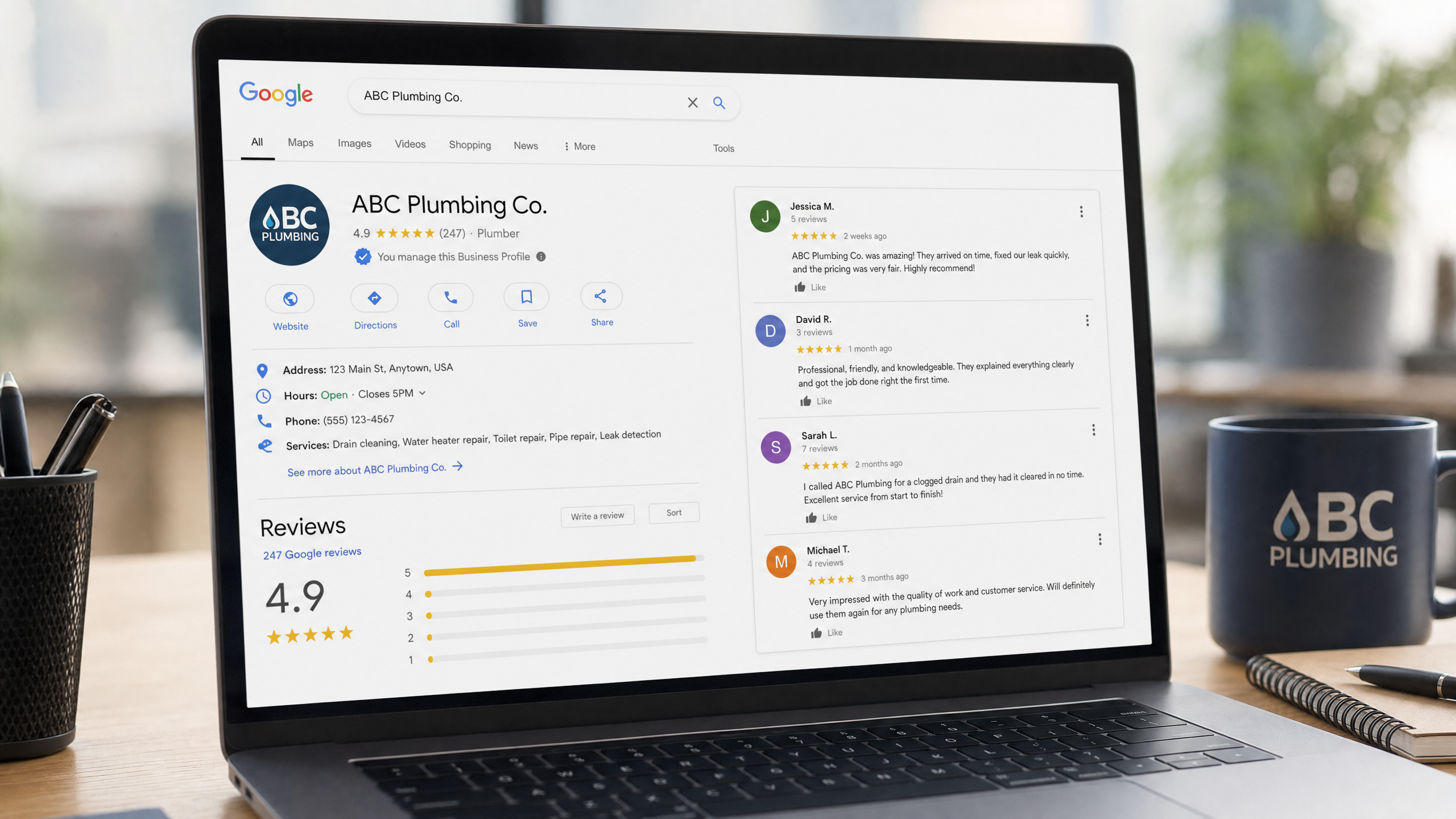 Plumbing company Google Business Profile with 4.9 stars and multiple 5-star reviews