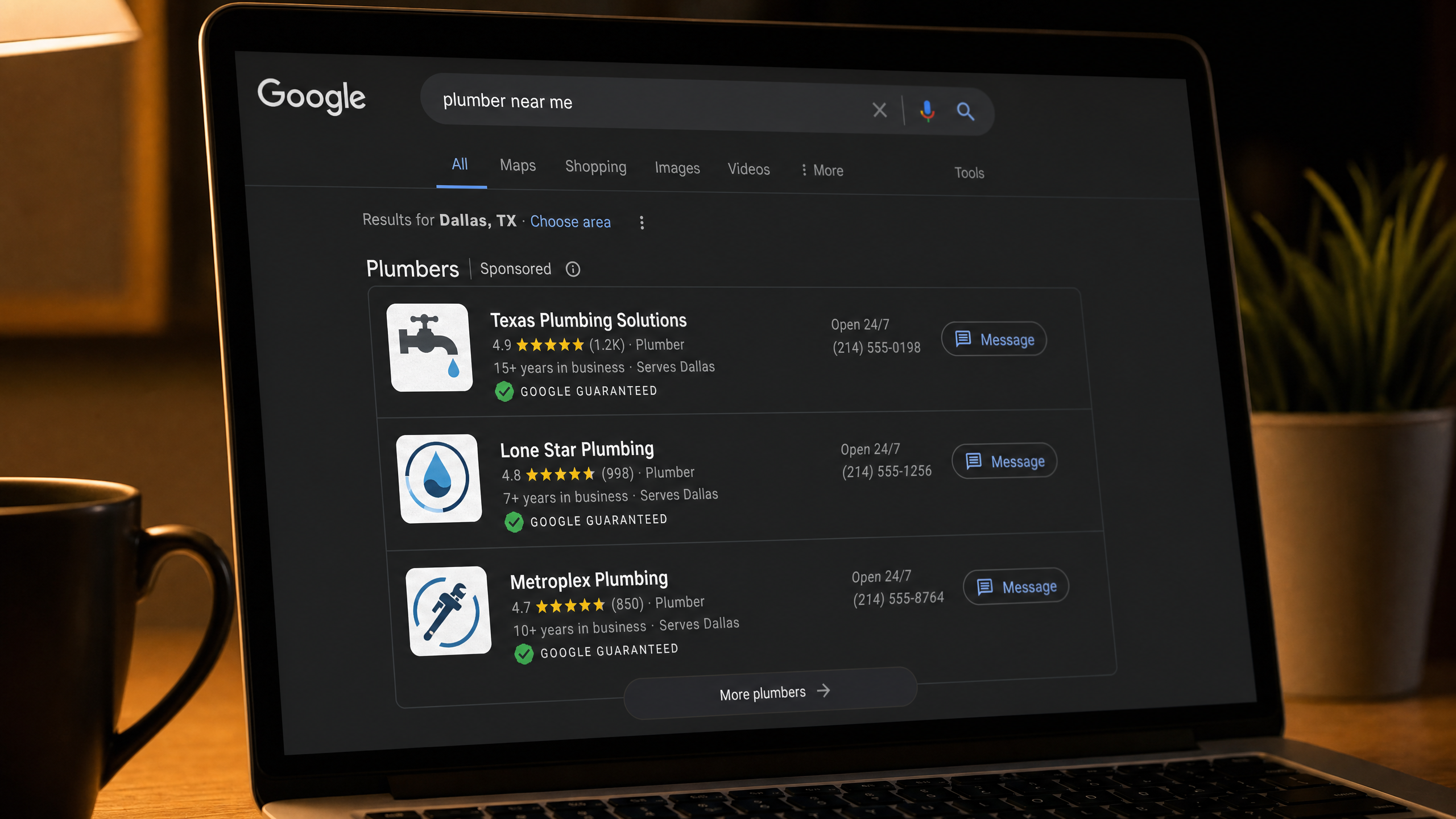 Google search results page showing plumbing company Local Service Ads with Google Guaranteed badges and star ratings