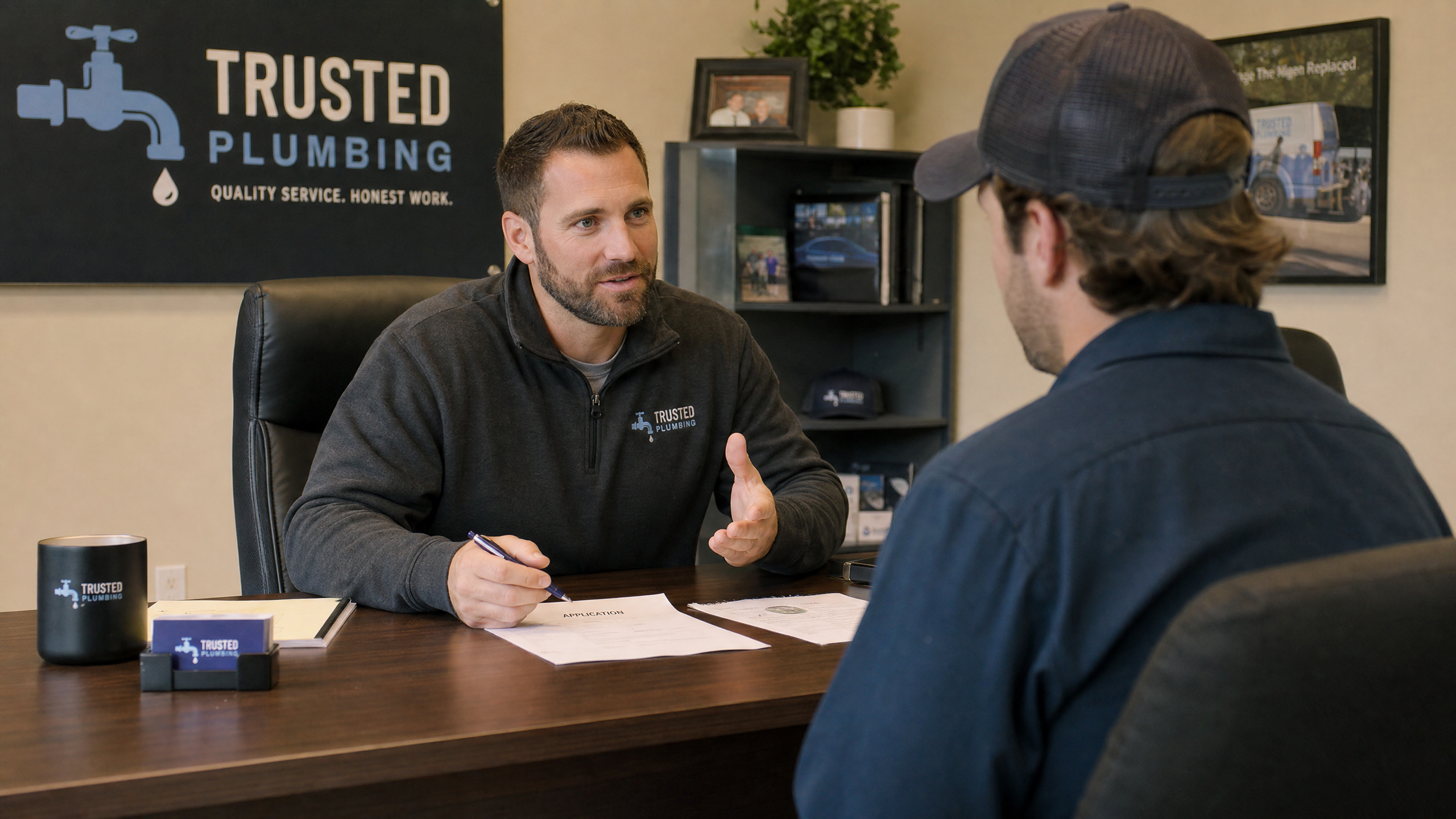 Plumbing company owner interviewing a candidate for office manager position