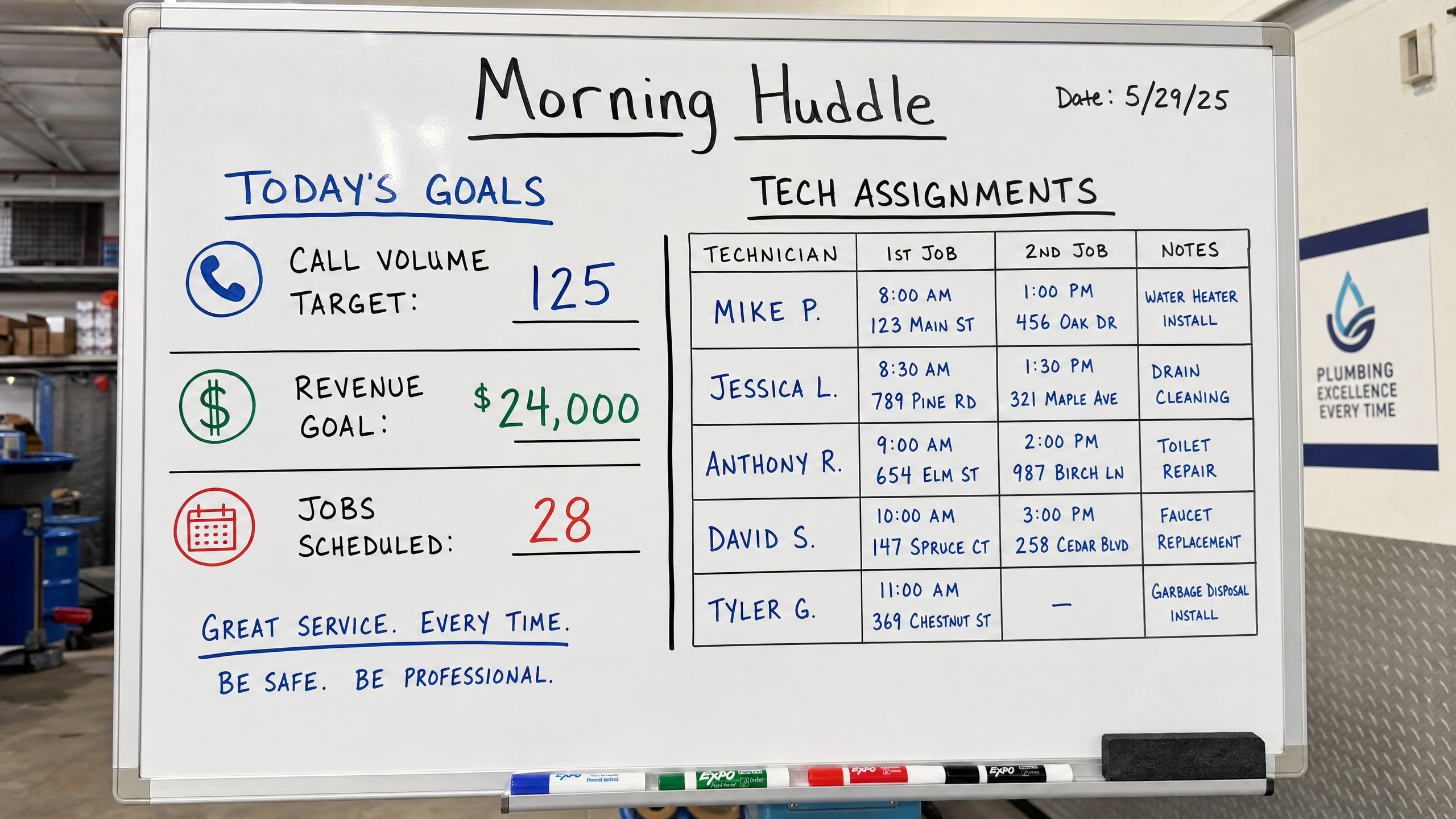 Plumbing company morning huddle whiteboard showing daily goals and tech assignments