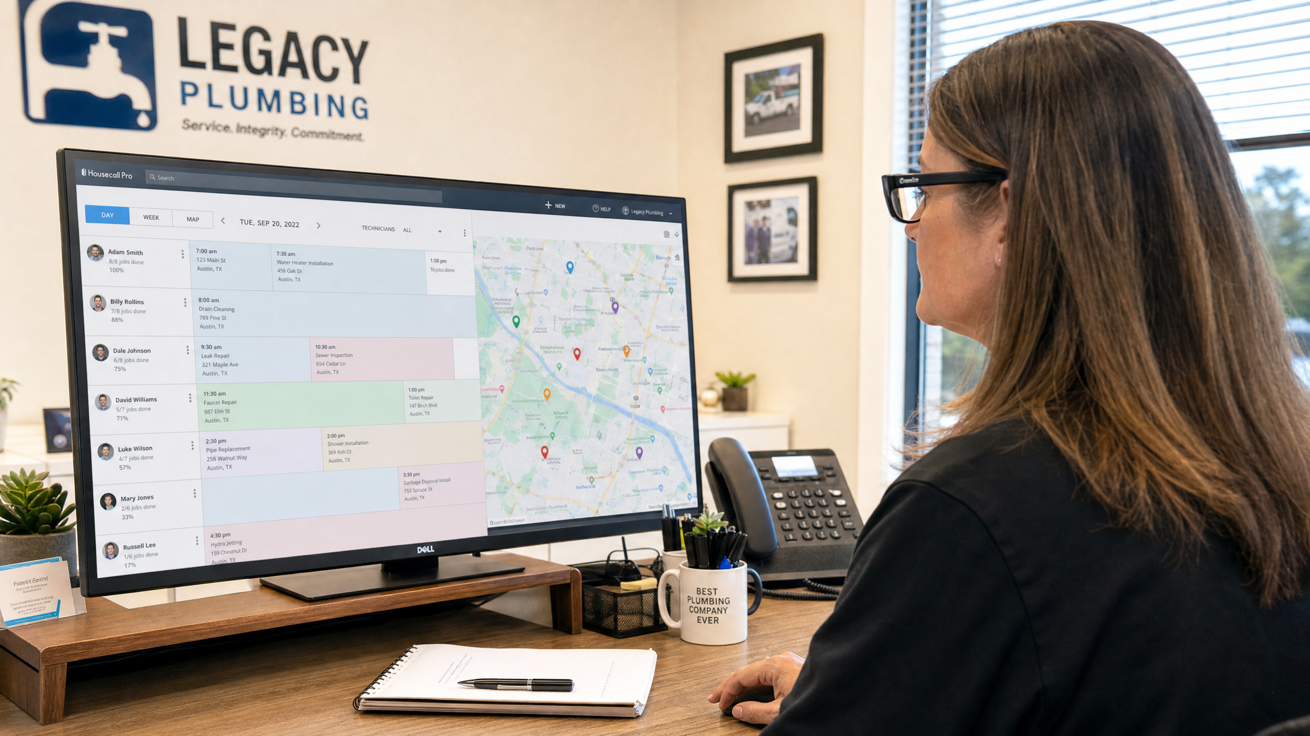 Plumbing office manager reviewing employee schedules and payroll