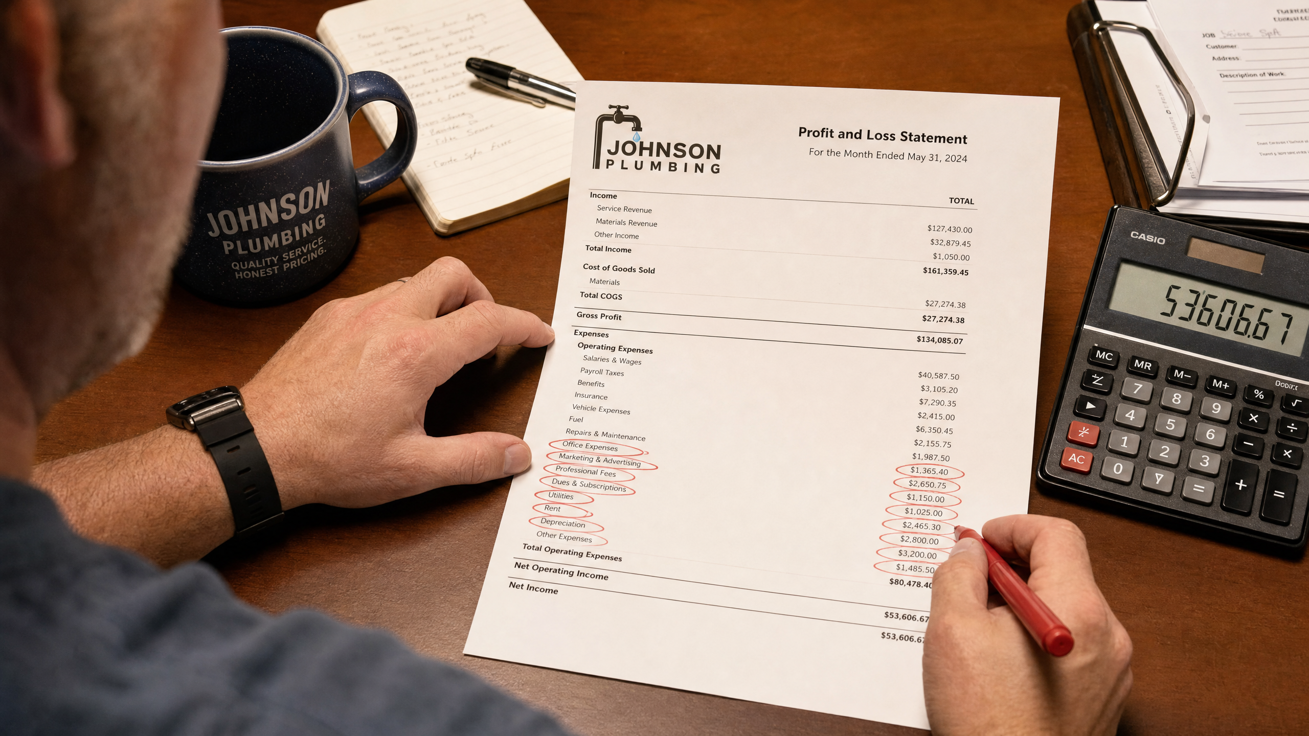 Plumbing business owner reviewing overhead expenses on P&L statement