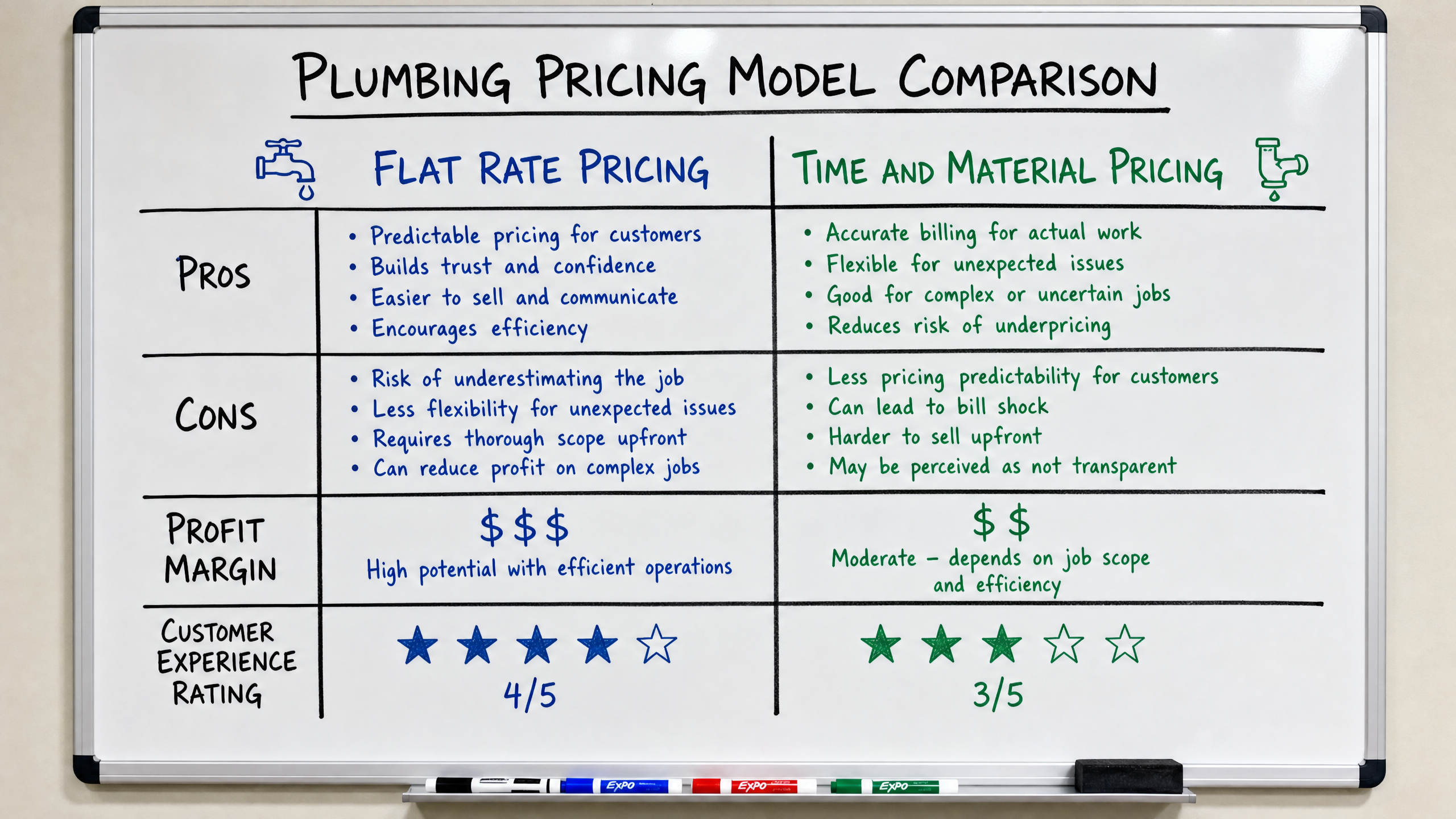 Comparison chart showing flat rate vs time and material pricing outcomes