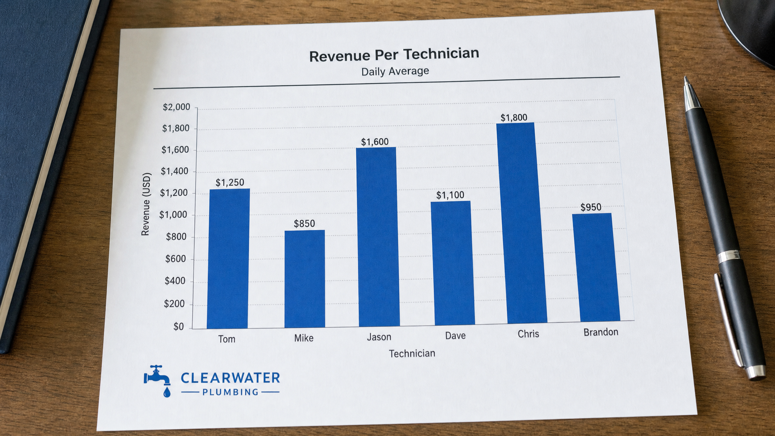 Revenue per technician bar chart for a plumbing company