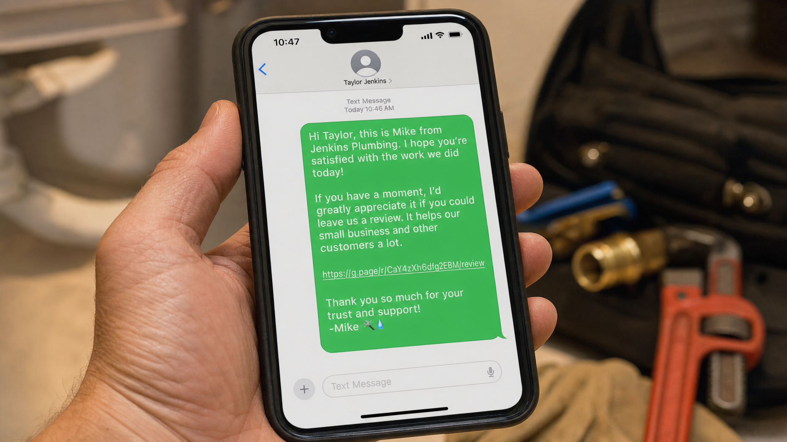 Plumbing technician sending a review request text message to a customer