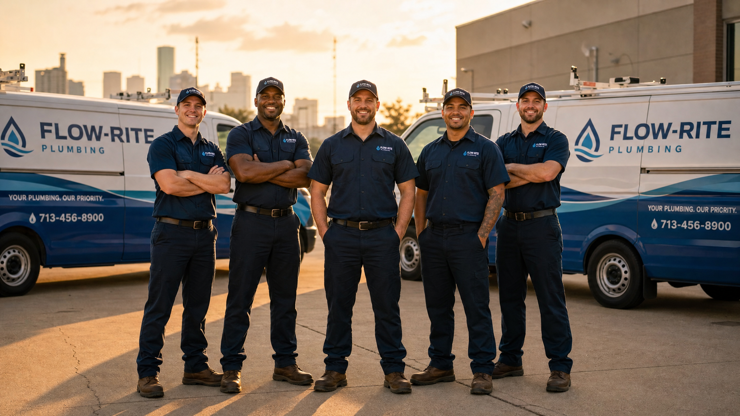 Team of uniformed plumbing technicians standing confidently in front of branded service vans — plumbing team culture and retention