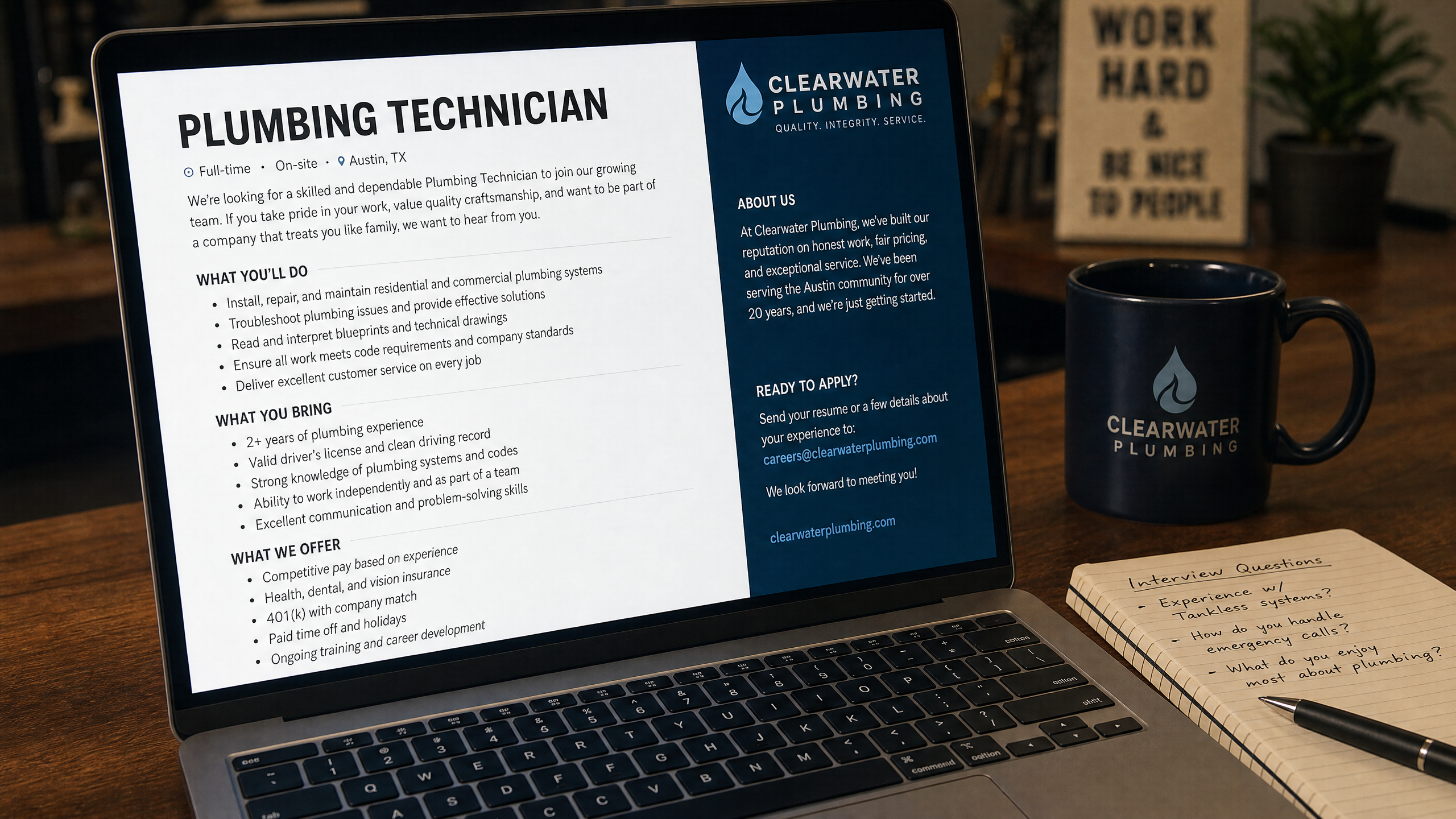 Laptop showing a well-crafted plumbing technician job posting with clear benefits and pay range — plumbing company hiring tips