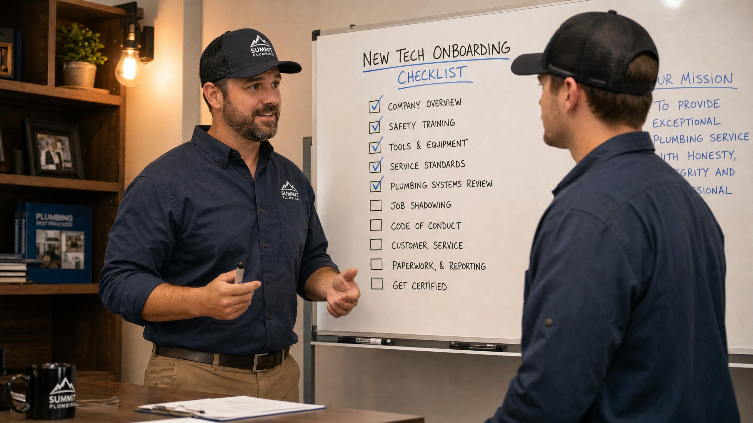 Plumbing company manager training a new technician with an onboarding checklist on a whiteboard — plumbing technician onboarding