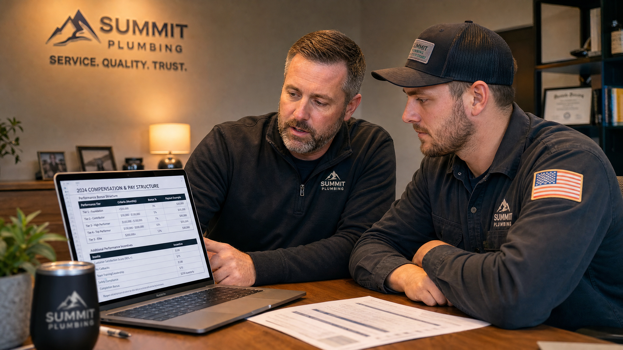 Plumbing company owner reviewing compensation and pay structure spreadsheet with a senior technician on a laptop