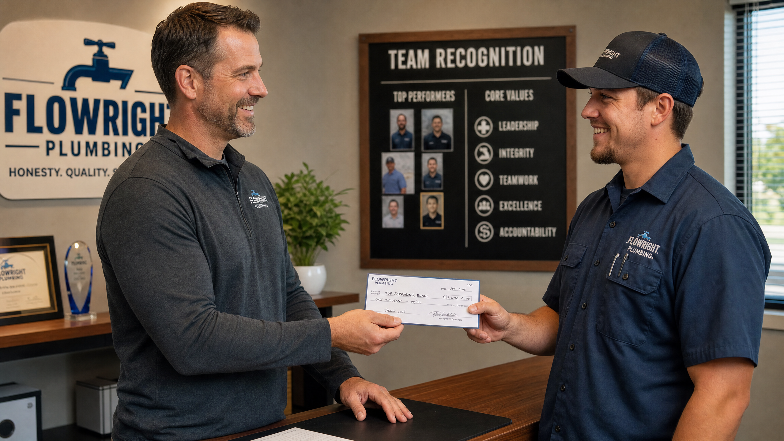 Plumbing company owner handing a bonus check to a top-performing technician in front of a team recognition board